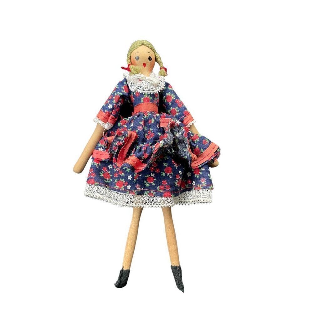 Shackman Dollhouse Wood Wooden Doll Floral Dress Braids Japan RARE HTF